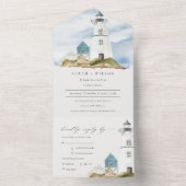 Chic Dusky Aqua Blue Lighthouse Mountain Wedding All In One Uitnodiging (Binnen)