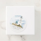 Chic Dusky Aqua Blue Lighthouse Mountain Wedding Bedankjes Labels (In situ)