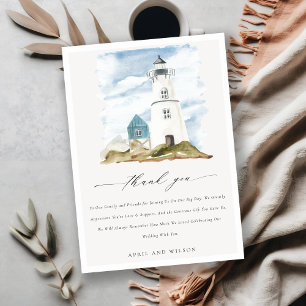 Chic Dusky Aqua Blue Lighthouse Mountain Wedding Bedankkaart