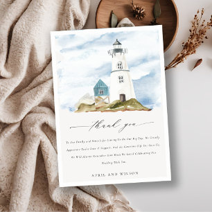 Chic Dusky Aqua Blue Lighthouse Mountain Wedding Bedankkaart