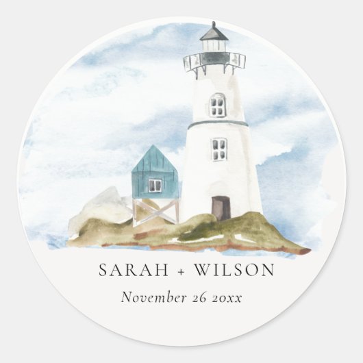 Chic Dusky Aqua Blue Lighthouse Mountain Wedding Ronde Sticker (Voorkant)