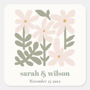 Chic Dusky Blush Retro Minimal Floral Wedding Vierkante Sticker