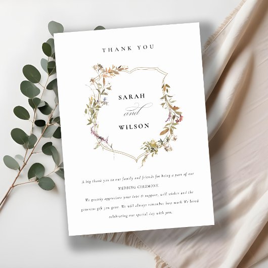 Chic Dusky Pink Blush Wildflower Crest Wedding Bedankkaart