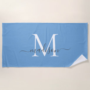 Chic Dusty Blauw Wit Monogram Elegant Grijs Script Strandlaken