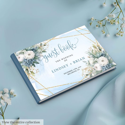 Chic Dusty Bleu Blanc Or Floral Livre d'Invité