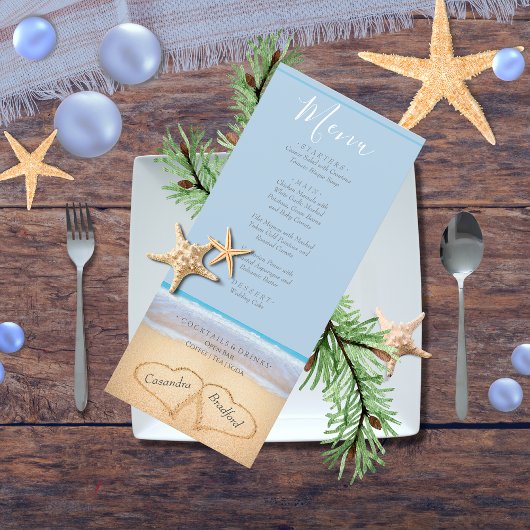 Chic Dusty Blue 2 harten op het strand bruiloft Menu