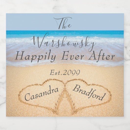 Chic Dusty Blue Beach Bruiloft 2 Hart Zand Sparkling Wijnetiket (Enkel label)