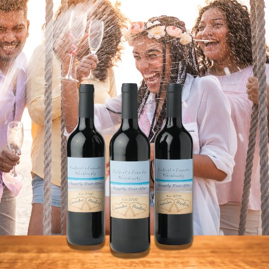 Chic Dusty Blue Beach Bruiloft 2 Hart Zand Wijn Etiket