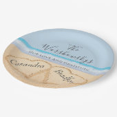 Chic Dusty Blue Beach Bruiloft 2 Harten in Zand Papieren Bordje (Gekanteld)