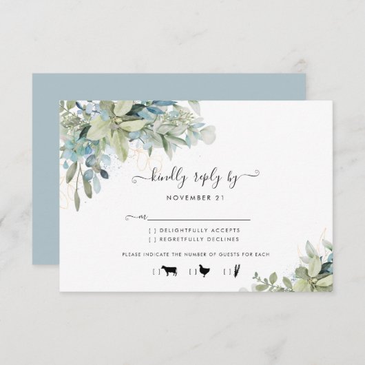 Chic Dusty Blue Botanical Mariage Repas Carte RSVP (Devant / Derrière)