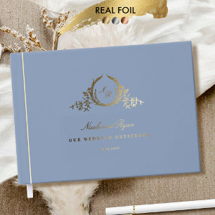 Chic Dusty Blue en echte Folie Monogrammed Wedding Gastenboek
