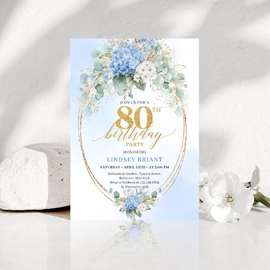 Chic Dusty Blue Eucalyptus 80th Birthday Invite Kaart