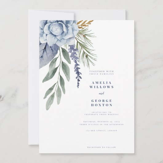 Chic Dusty Blue & Eucalyptus faire-part de mariage (Devant)