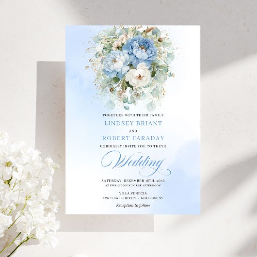 Chic Dusty Blue Floral Digital Wedding Invite Kaart
