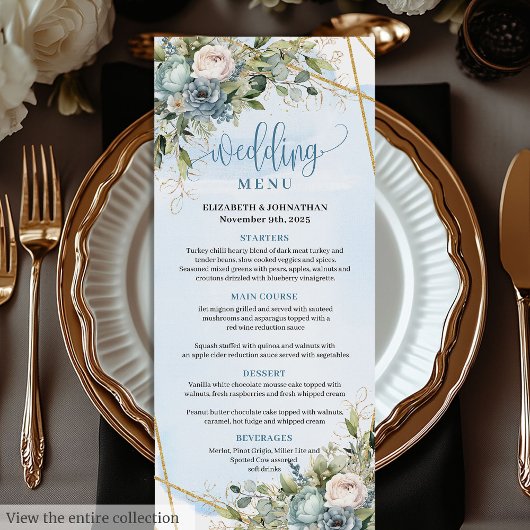 Chic Dusty Blue Flowers White Gold Wedding Menu