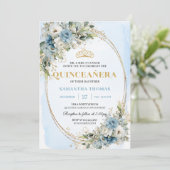 Chic Dusty Blue Gold Greenery Quince 15 Invitation (Debout devant)