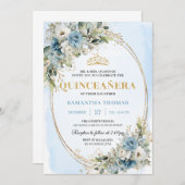 Chic Dusty Blue Gold Greenery Quince 15 Invitation (Devant / Derrière)