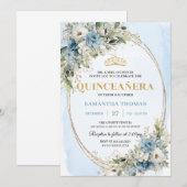 Chic Dusty Blue Gold Greenery Quince 15 Invitation Kaart (Voorkant / Achterkant)