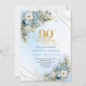 Chic Dusty Blue Gold Script 90th Birthday Invite Kaart (Voorkant)