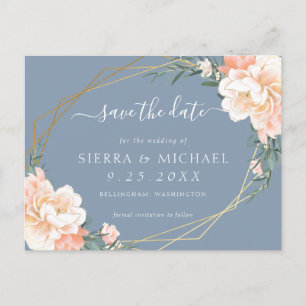 Chic Dusty Blue Peach Gold Floral sla de datum op Aankondigingskaart