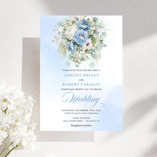 Chic Dusty Blue Peony Botanical Gold Wedding Invit Kaart