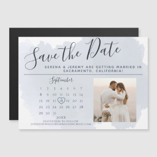 Chic Dusty Blue Waterverf Calendar Save the Date Magnetische Uitnodiging