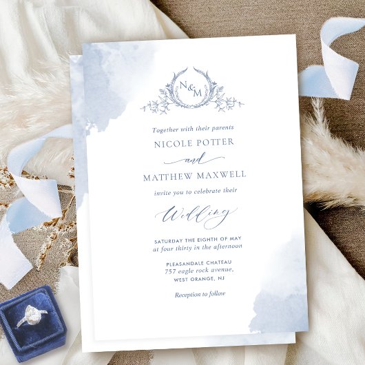 Chic Dusty Blue Waterverf Stains Monogram Weddensc Kaart