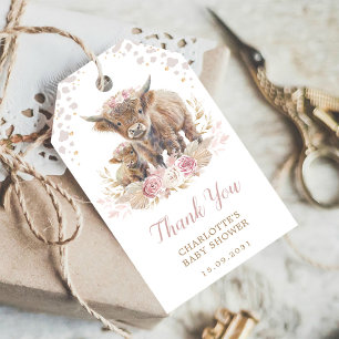 Chic Dusty Pink Boho Highland Koe Girl Baby shower Cadeaulabel