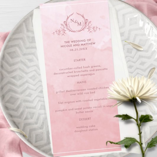 Chic Dusty Rose aquarelle, Monogram Mariage Menu
