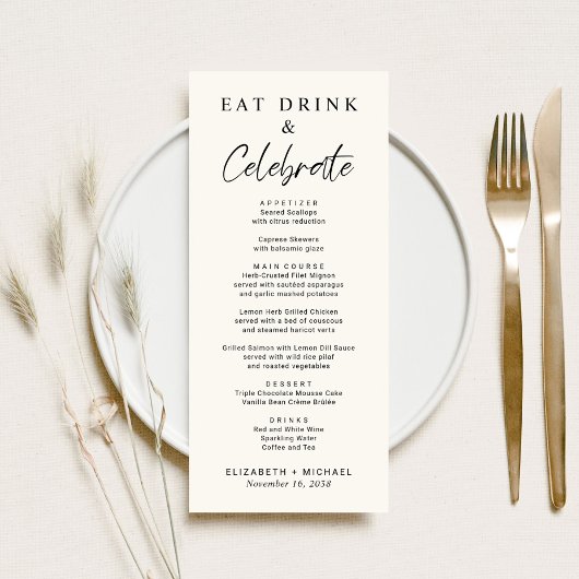 Chic Eat Drink Celebrate Cream Bruiloft Menu