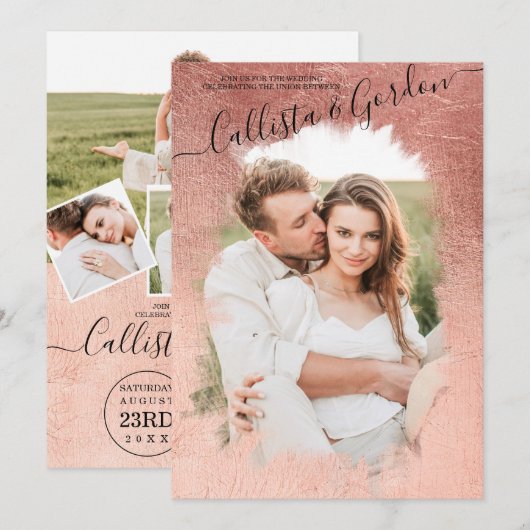 Chic Eenvoudig Roos Gold Script Fotocollage Weddin Kaart (Voorkant / Achterkant)