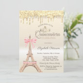 Chic Eiffel Tower Bow Drips Gold Quinceañera Kaart (Staand voorkant)