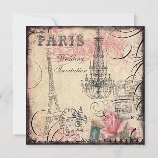 Chic Eiffel Tower & Chandelier Wedding Kaart (Voorkant)