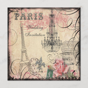 Chic Eiffel Tower & Chandelier Wedding Kaart