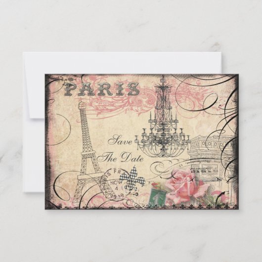 Chic Eiffel Tower & luhandelier behalve datum Save The Date (Voorkant)