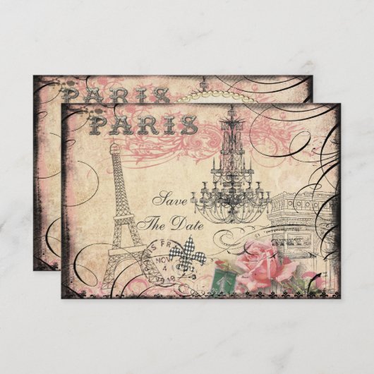 Chic Eiffel Tower & luhandelier behalve datum Save The Date (Voorkant / Achterkant)