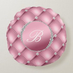 Chic Elegance Pink and Diamonds Monogrammed Rond Kussen
