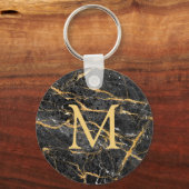 Chic Elegant Black Gold Marble Monogram Sleutelhanger (Voorkant)