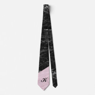 Chic Elegant Black Pink Marble Monogramed Stropdas