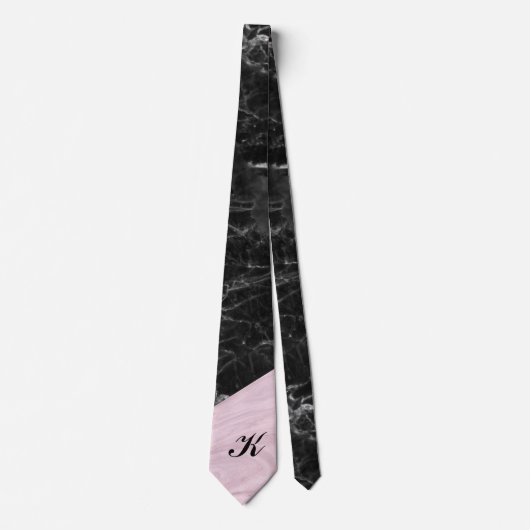 Chic Elegant Black Pink Marble Monogramed Stropdas (Voorkant)