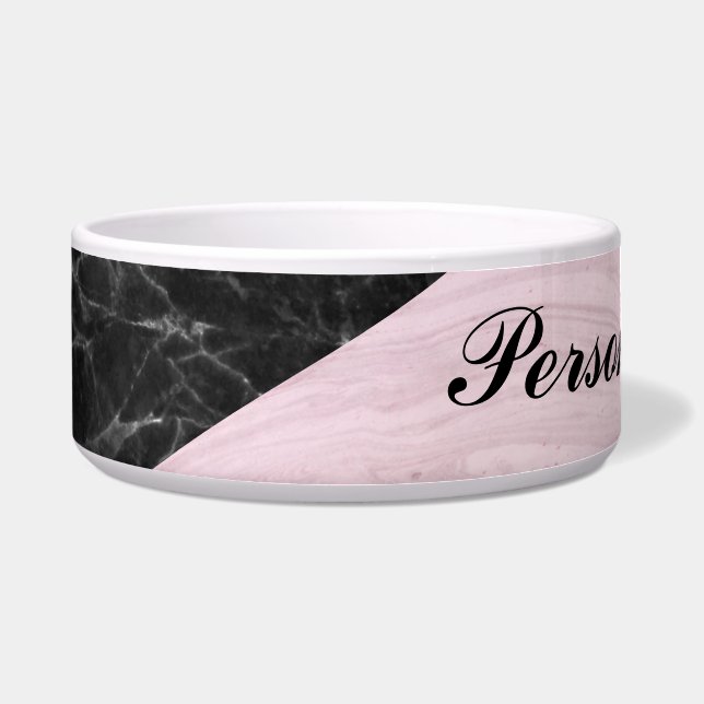Chic Elegant Black Roze Marble Personalized Dog Voerbakje (Voorkant)