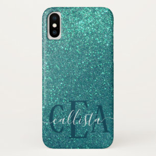 Chic Elegant Blauwgroen Blue Sparkly Glitter Monog iPhone X Hoesje