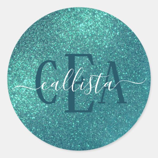 Chic Elegant Blauwgroen Blue Sparkly Glitter Monog Ronde Sticker (Voorkant)