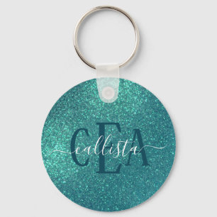 Chic Elegant Blauwgroen Blue Sparkly Glitter Monog Sleutelhanger