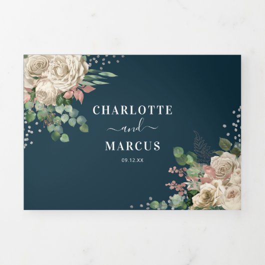 Chic Elegant Blush Bloemen & Navy Tri-Fold Huwelij Drieluik Uitnodiging (Cover)