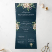 Chic Elegant Blush Bloemen & Navy Tri-Fold Huwelij Drieluik Uitnodiging (Binnen)