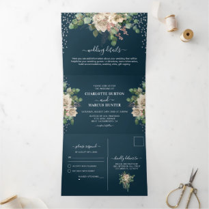 Chic Elegant Blush Florals & Navy Tri-Fold Mariage