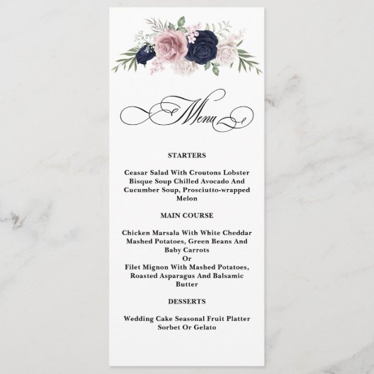 Chic Elegant Blush Navy Blue Mariage Menu (Devant)