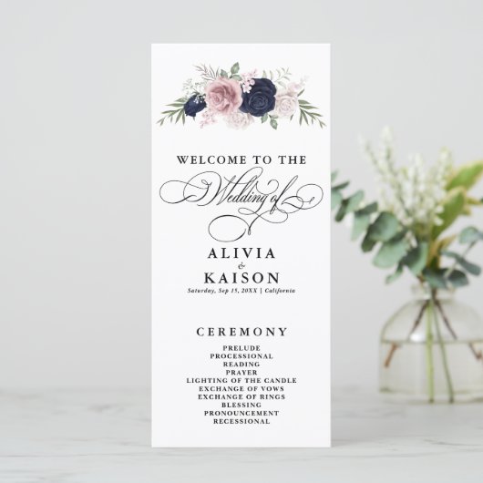Chic Elegant Blush Navy Blue Wedding Programme (Debout devant)