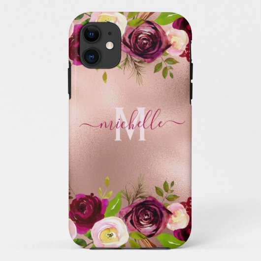 Chic Elegant Bourgogne Blush Roze Bloemen Naam Case-Mate iPhone Case (Achterkant)